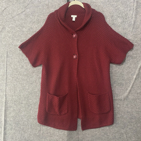 Chicos Wool Blend‎ Cardigan Womens Sz 3 US XL Burgundy Chunky Knit Pockets - Picture 1 of 6